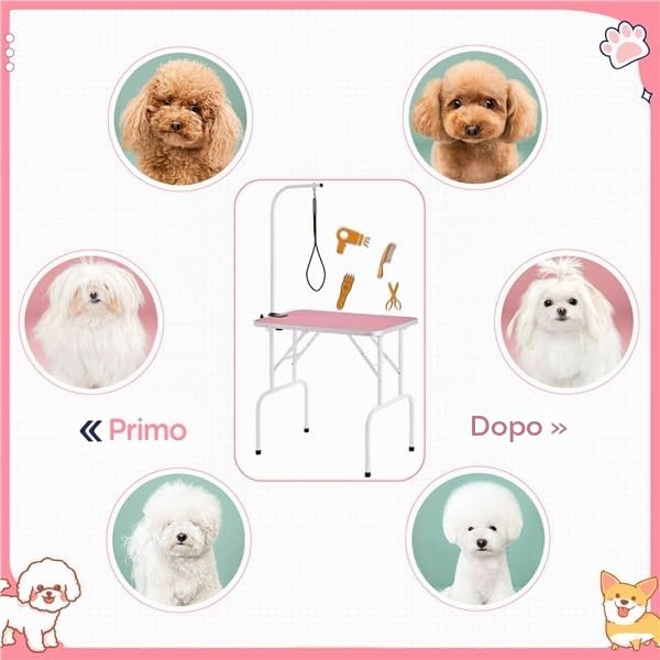 Yaheetech Tavolo da Toelettatura Cani Tosatura per Cani Gatti Animali Pieghevole con Laccio Portata 100 kg Rosa