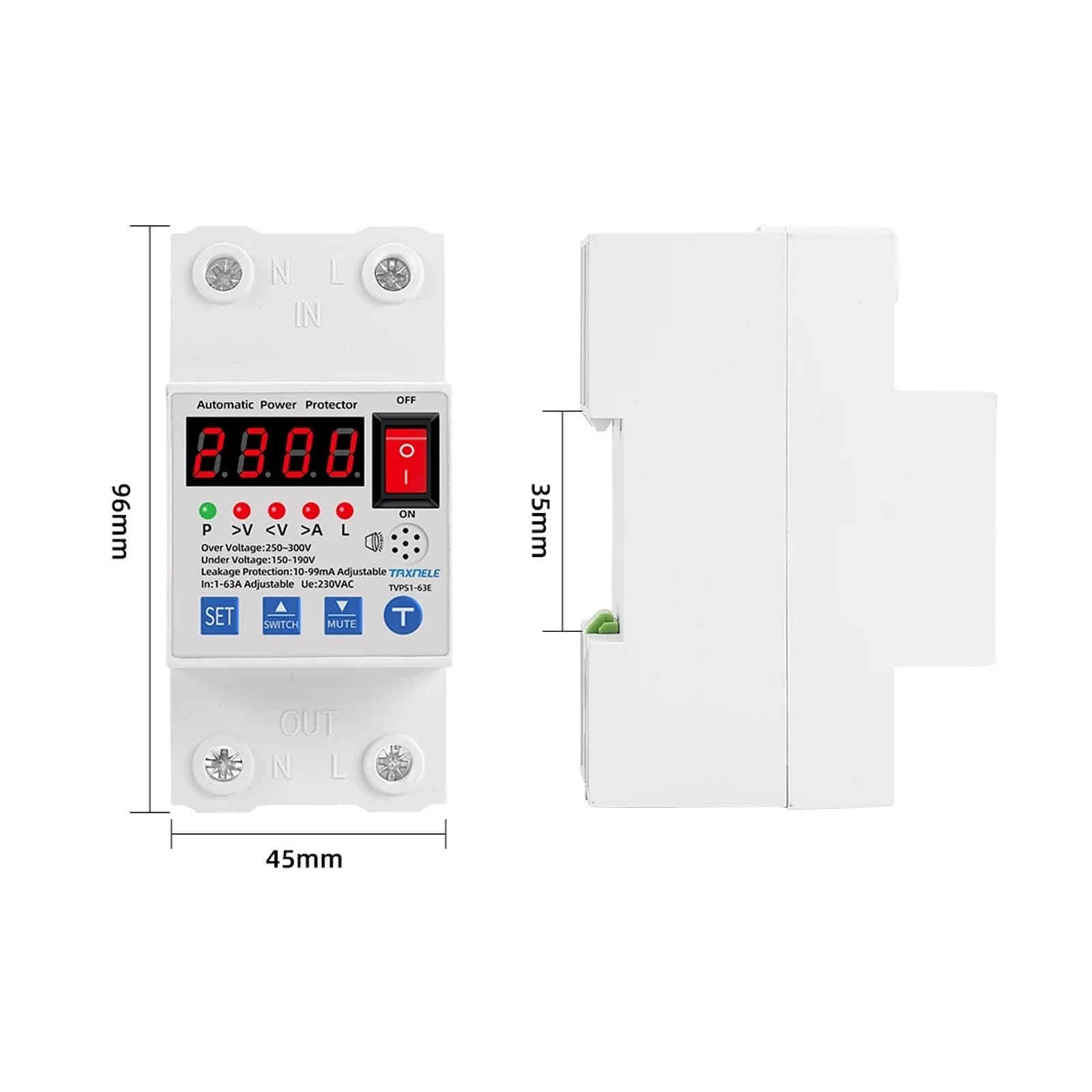RWRAPS Protector de Voltaje Disyuntor de reconexión automática 63A, protección contra sobretensiones y bajo Voltaje, protección contra Fugas a Tierra, Protector contra sobretensiones
