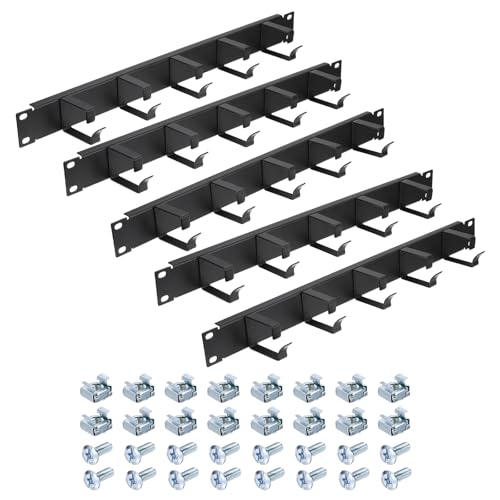 PATIKIL 1U Organizador De Cables con 5 Anillas D, Paquete De 5, Montaje En Rack Horizontal De Metal De 19 Pulgadas, Gestión De Cables para Racks, Gabinetes De Servidor, Negro