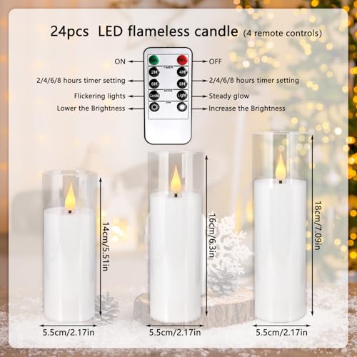 Image of 24-Pack Premium Flameless LED Candles - Elegant White & Clear Acrylic Pillar Design with Realistic Flickering Flame, Remote Control & Timer for Weddings, Christmas, Halloween & Home Decor
