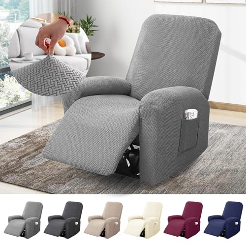 BOYIFEIJIE 1-Sitzer Sessel Überzug Sesselbezuge Stretch mit Taschen All-Inclusive Streifen-Jacquard Sesselschoner für Fernsehsessel Relaxsessel Sesselhusse (Hellgrau 4-Teilig)