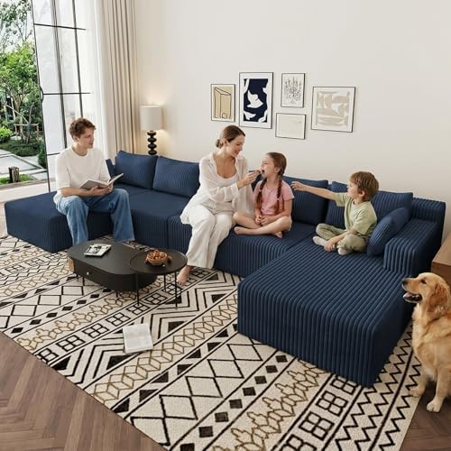 Image of 160 inch U-Shape Cloud Couch, Modern Modular Sectional U-Shape Sofa, Corduroy Boneless Couch Upholstered Couches Deep Seat Sleeper Chaise Longue for Living Room, No Assembly Required,Blue