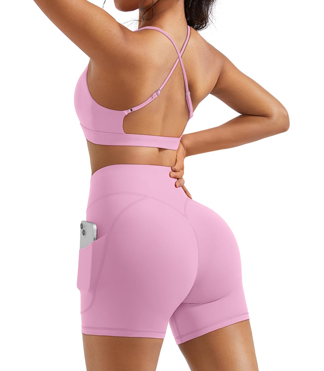 OMKAGI 2 Piece Workout Sets for Women Open Back Padded Sports Bras Booty Shorts with Pockets Gym Outfits