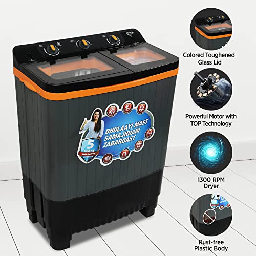 Image of Intex 7.5 KG Semi Automatic Top Loading Washing Machine with Toughened Glass Lid (Modern Design, Dark Black-Grey-Orange, , SA75DBHG)