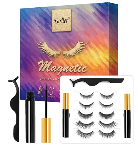 EARLLER Magnetic Lashes with Eyeliner, 5 Pairs Magnetic Lashes Natural Looking and Mink, Magnetic Eyelashes kit Easy to Apply and No Glue Needed, Magnetic Reusable Short and Long Lashes Set