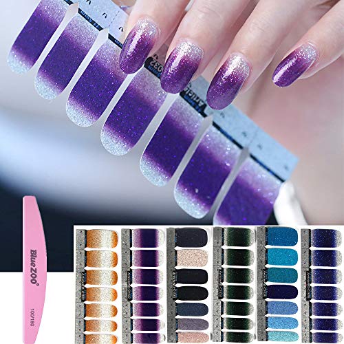 BlueZOO 6 Sheets Shiny Nail Art Stickers, Nail Strips with File (Style 1)