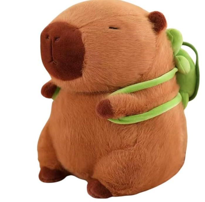 Pelúcia Capivara Infantil Com Mochila Tartaruga, Brinquedo Antialérgico, Marrom e Verde, Presente Para Crianças, Natal