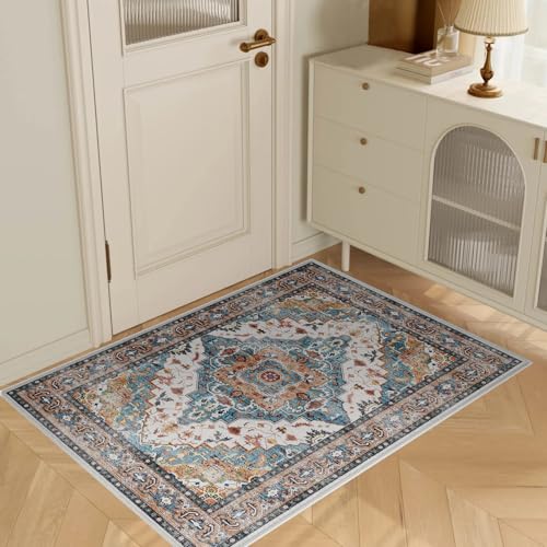 Tapete lavado para entrada 2x3 con diseño boho azul y marrón miniatura 2
