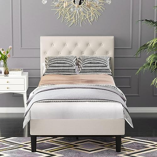 Hombck Twin Bed Frame, Upholstered Bed Frane Twin With Button Tufted Headboard, Linen Fabric Modern Bed Frame, Sturdy Wood Slat Support, No Box Spring Needed, Beige #TOP6