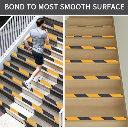 Image of Black & Yellow Anti-Slip Stair Treads Tape, 2 inch x50FT Heavy Duty Non-Skid Grip Tape for Indoor /Outdoor Steps, Bathroom & Pool - PVC Waterproof Safety Traction Tape