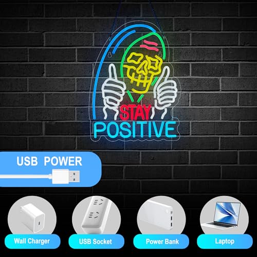 Image of Stay Positive Skull Neon Sign for Wall Decor Dimmable USB LED Neon Light for Home Living Room Bedroom Halloween Decor Gifts