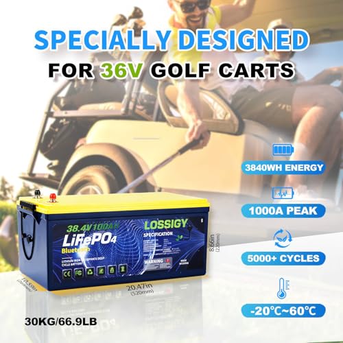 Image of LOSSIGY 36V Golf Cart Lithium Battery, Built in 200A Smart BMS, Peak Current 1000A(3-5s), Perfect for Passenger Car, Trolling Motor