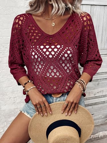 Image of Verdusa Women's Crochet Beach Summer Sweater 3 /4 Length Sleeve Boho Off The Shoulder Tops