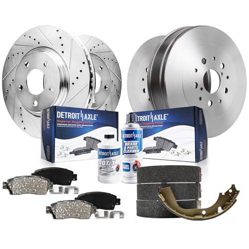 Image of Detroit Axle - Kit for 2004-2010 Toyota Sienna Drilled & Slotted Disc Brake Rotors Ceramic Brakes Pads Rear Brakes Drums Brakes Shoes 2005 2006 2007 2008 2009 Replacement