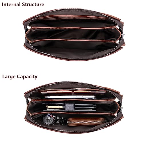 Men's Genuine Leather Handbag Travel Clutch with Wristband, Retro Phone Zipper Pouch Wallet, Large Capacity Business Organizer, Crazy Horse Cow Leather Hand Bag Wristlet Purse for Work Travel Coffee3