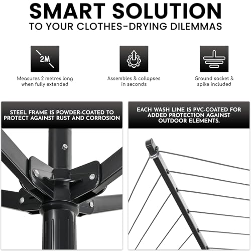 Outdoor Umbrella Clothesline, 165 Feet Heavy Duty Rotary Dryer with 12 Lines & 4 Arms, Adjustable Height Foldable Retractable Collapsible Metal Drying Rack for Backyard, Patio, Garden - Image 4