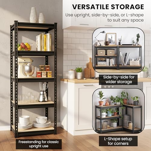 Image of Robustt 5-Tier Multipurpose Storage Rack | Bolt-Free Assembly | Metal Stand With Thick MDF Board | 175kg Capacity Per Shelf | 63 x 16 x 16 IN Adjustable Shelf Rack for Home, Garage & Shop | Black