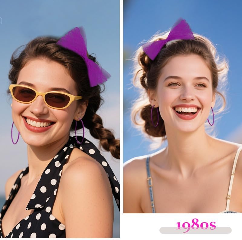 Miniatura 6 de Accesorios de los años 80 para mujer, diadema de lazo de encaje de los años 80 y aretes de neón para mujer, trajes retro vintage de los años 80 para