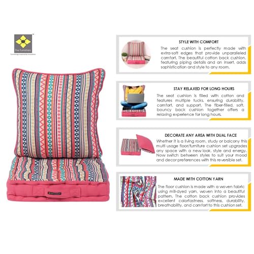 Image of Weaved Quilted Floor Cushion Set 40x40x8 cm Pink Boho with Cotton Filler & Back Cushion, Small Size for Seating, Patio Seat, Meditation, Yoga, Pooja, Guests, Living - 16x16x3 Inch