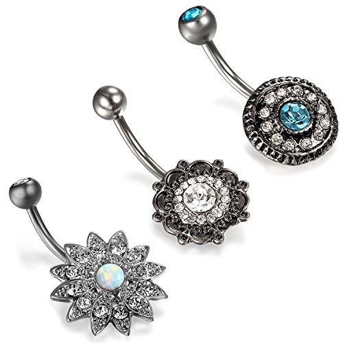 Aroncent 3 Pcs Stainless Steel Zirconia Belly Button Body Piercing Barbell for Women Girls