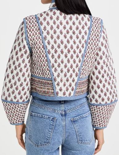 Wyeysyt Women's Cropped Quilted Puffer Jacket Cardigan Floral Printed Button Up Long Sleeve Padded Quilted Short Puffer Coats4