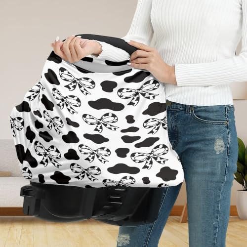 Image of Baby Car Seat Cover, Bow Cow Print Car Seat Canopy for Girls Boys