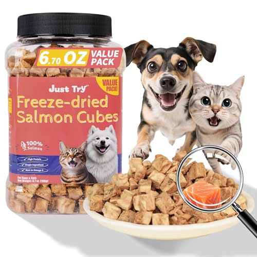 Just Try 6.7 oz Freeze-Dried Salmon Treats for Dogs & Cats - Single Ingredient High Protein Dog Treats - Grain-Free Rich in Omega-3 for Skin & Coat