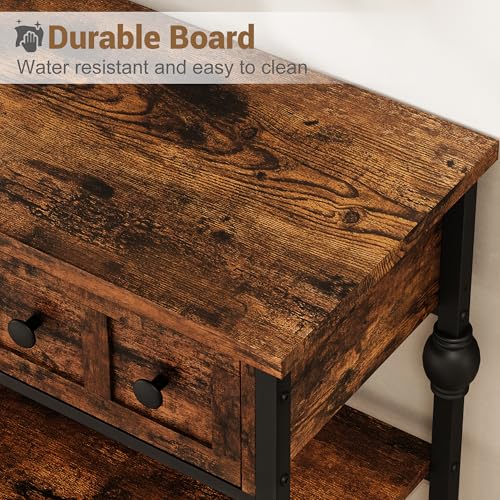 GarveeHome 52" Console Table, Entryway Table with 3 Storage Drawers, 3 Tier Industrial Metal Sofa Table, Behind CouchTable, Hallway Table for Entry, Living Room-Retro Brown