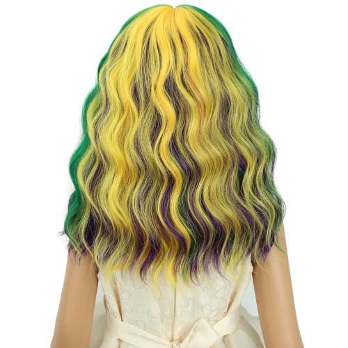 Image of Mardi Gras Wig Yellow Purple Mixed Green Wig with Air Bangs Short Rainbow Wavy Curly Wigs Synthetic Cosplay Hair for Halloween