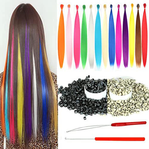 YUDAOHAIR Synthetic Colored Hair Extensions for Women 20 Inch Hairpieces With 100pcs Silicone Micro link Beads And 2 Crochet Hooks (20 13 colored hair mix colors)