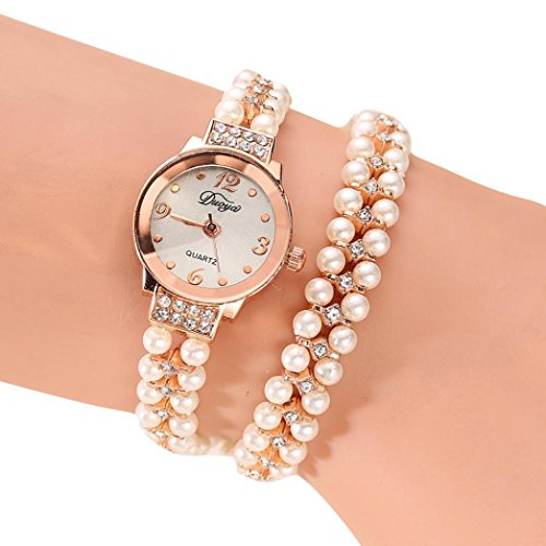 Hunputa Women Gold Pearl Jewelry Steel Bracelet Wristwatch Women Female Ladies Crystal Casual Fashion Watch (B)