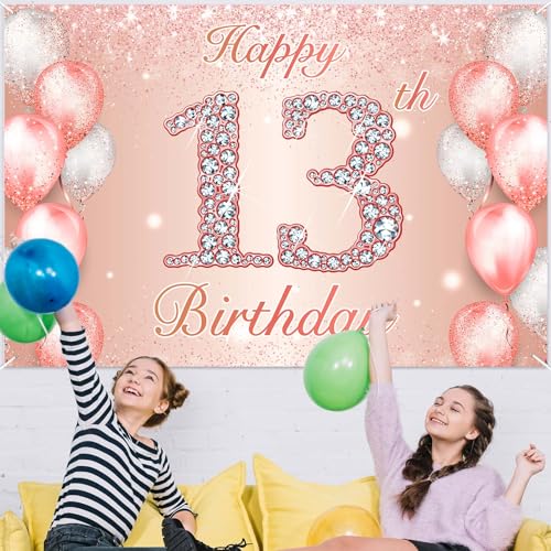 Image of Happy 13th Birthday Rose Gold Banner Cheers to 13 Years Old Backdrop Confetti Balloons Theme Decor for Girls 13 Years Old Pink Birthday Party Decorations Bday Supplies Background Favors Gift Glitter