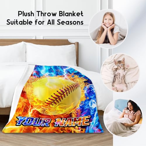 Customized Blanket - Softball Blanket Gifts for Girls - Comfy Cozy Fleece Throws for Player 4 Sizes