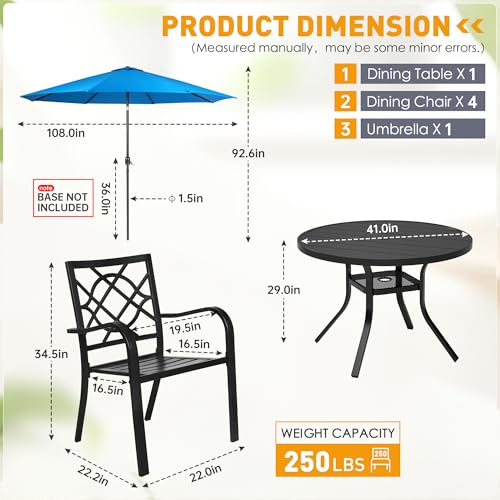 Image of SUNCROWN 6-Piece Outdoor Wrought Iron Chairs and Table Patio Dining Furniture Set - 4 Stackable Metal Chairs, 1 42 inch Round Bistro Table and 1 Sky Blue 9Ft Patio Umbrella for Garden Backyard Deck