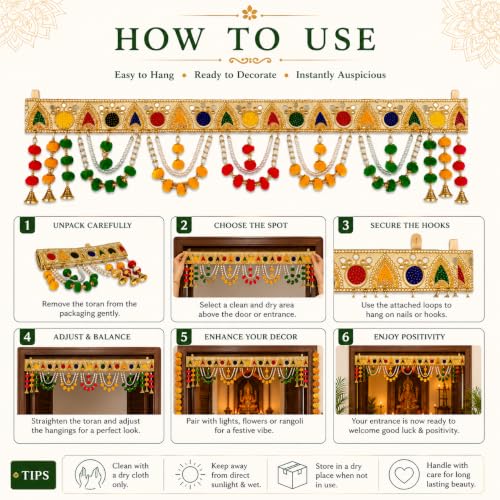 Image of ONESTA Handcrafted Mirror Work Door Toran Bandhanwar with Pearl Chains Pom Pom Tassels & Golden Bells | Traditional Main Door Hanging for Diwali Pooja Temple Home Entrance & Festive Decoration 3Feet (Size 36 Inch Pack 01)