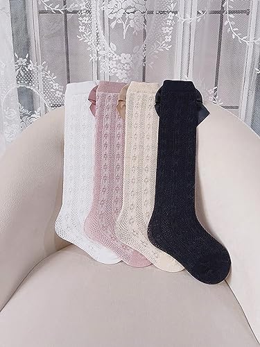 OYOANGLE Girl's 4 Pairs Cute Ruffle Knee High Socks Bow Front Over the Calf Socks Black White 2-3Y2