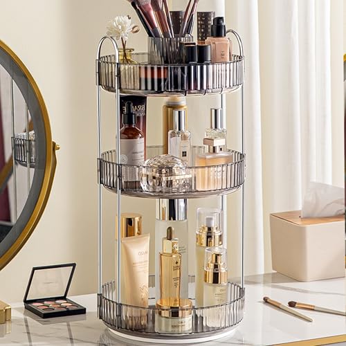 Aveniee 360° Rotating Makeup Organizer for Vanity, Upagraded Perfume Skincare Bathroom Counter Organizers with Brush Divider, 3 Tier Spinning Lipstick Cosmetic Lotion Storage,Grey