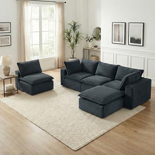 Image of Modular Sectional Sofa Add-On Set - Corduroy Middle Seat & Ottoman, Convertible Armless Chair with Footstool, DIY Expansion Module for Living Room, Bedroom, Apartment