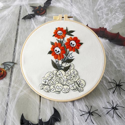Image of Crafmanoe Halloween Embroidery Starter Kit for Beginners Adults, Skull Flowers Stamped Cross Stitch Kits for Beginners Adults, Gothic Hand Embroidery Needlepoint Kits, Hoops, Fabric and Video Tutorial