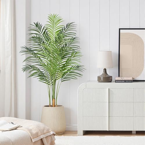 Image of 5ft Artificial Palm Tree - 150cm Tall Fake Areca Palm Plant with 13 Leaves and Realistic Bark Design - Faux Tropical Plants with Pot Perfect for Indoor Home, Living Room, or Bedroom Decor
