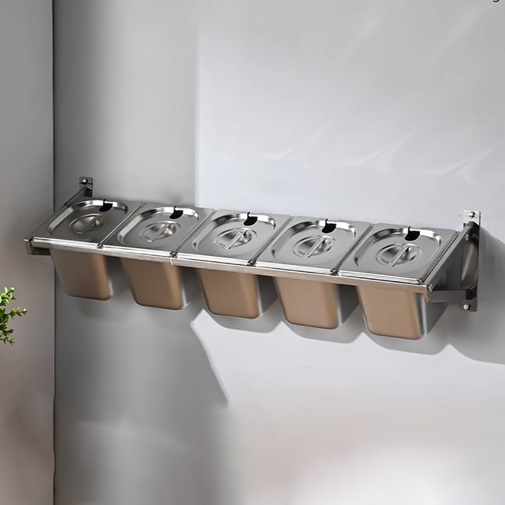 GTHTUHFD Commercial Wall Mounted Stainless Steel Spice Rack With Lid And Spoon, Spice Dispensing Container Set, Salad Buffet Dispensing Station, Pizza Topping Compartment Tra,5 Grids