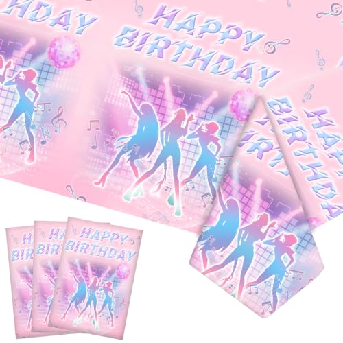 Image of 3 PCS Pink Disposable Music Party Tablecloth, Plastic Magical Music Themed Disposable Plastic Table Covers, 108 inchx54 inch