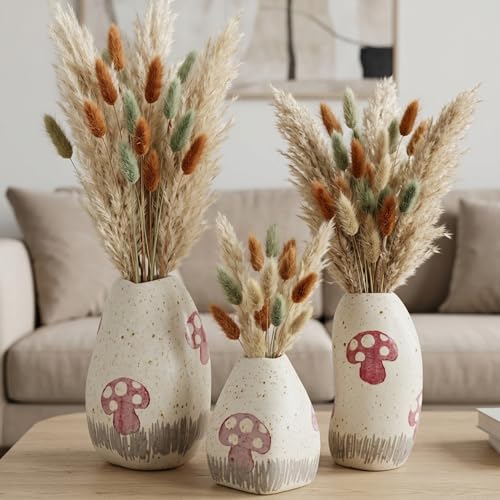 Image of KREATIVE ART'S Handcrafted Ceramic Vase Set of 3 - Pebble Vases for Home Decor, Living Room, Kitchen & Gifting - Speckled Off-White & Red Stoneware - 7 inch, 6 inch, 4 inch Height.