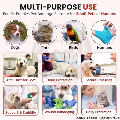 Image of Foodie Puppies 2-Inch Self-Adhesive Kinesiology Pet Bandages - (12 Rolls, Small, 1.8M Each) | Waterproof, Elastic, Breathable Wrap for Dogs, Cats, and Humans | Wound Care, First Aid, Injury Recovery