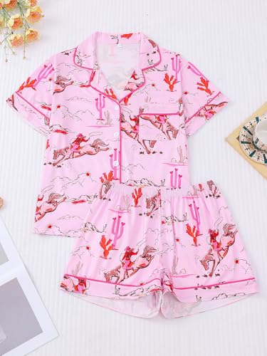 Image of RONGTAI Womens Pajama Sets Button Down Short Sleeve Western Horseman and Cacti Print Lapel Shirt with Pocket Matching Pj Shorts Two Piece Loungewear Set Pink S