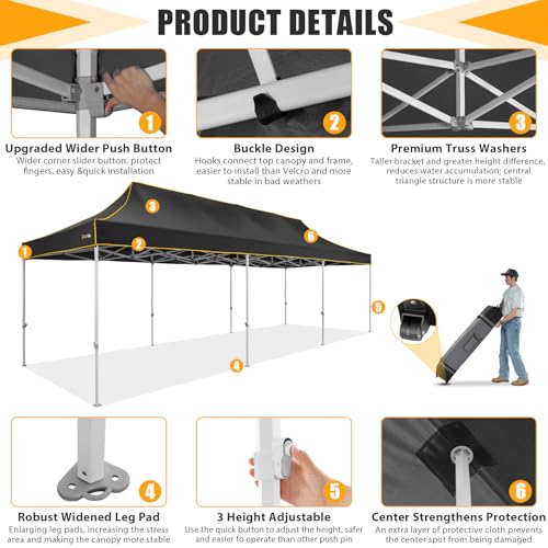 Image of HOTEEL 10x30 Heavy Duty Pop Up Canopy, Instant Commercial Gazebos for Party Wedding Event, Waterproof UV 50+ Windproof Tent with Upgraded Thick Hexagonal Legs, Equipped with Wheeled Carry Bag, Black
