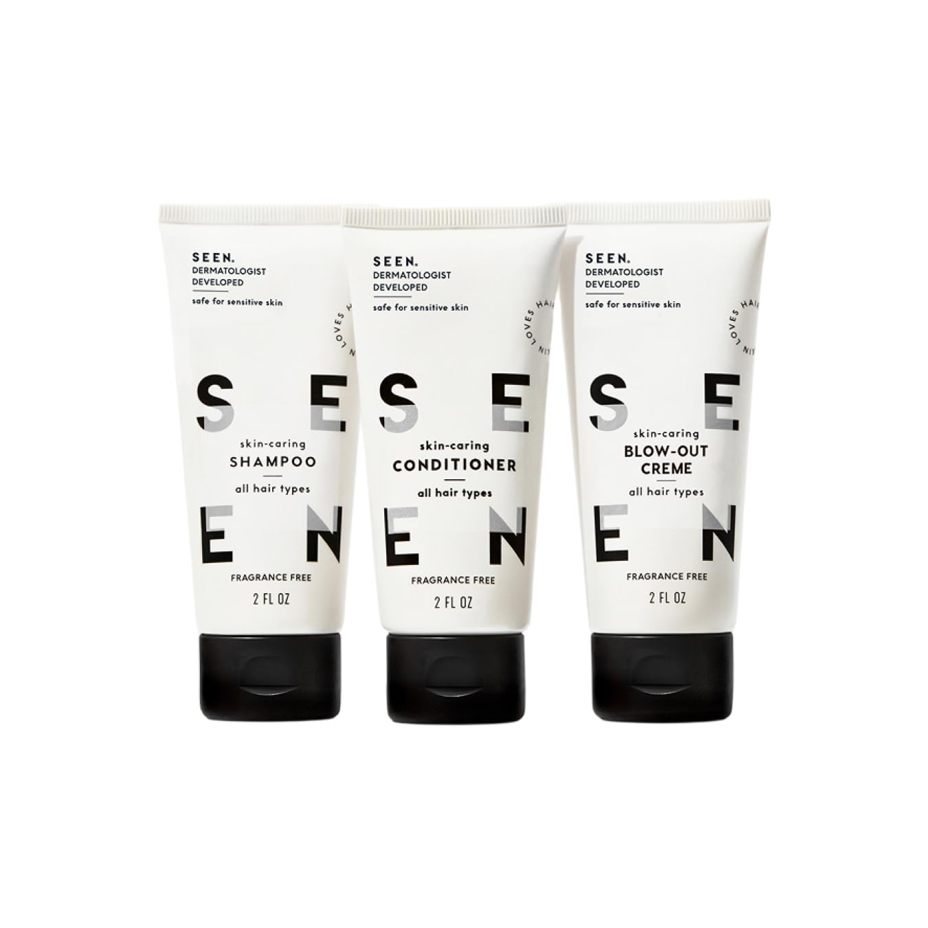 SEEN Travel Trio, Fragrance Free - Non-Comedogenic Blow-Out Hair Cream, Shampoo & Conditioner Set - Dermatologist-Developed- Reduces Frizz- Heat Protectant- Safe for Sensitive & Acne-Prone Skin