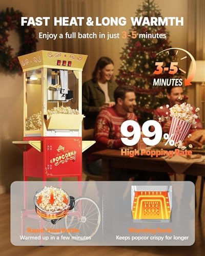 Image of 12 oz Commercial Popcorn Machine Cart, Popcorn Maker Machine with Stainless-Steel Kettle Makes Up to 48 Cups, Movie Theater Pop Corn Machine with 3-Switch Control & Tempered Glass Doors, Red