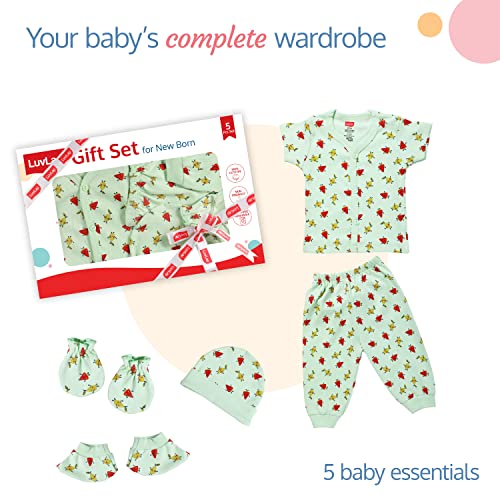 Image of LuvLap Newborn Baby Gift Set of 5 Items,Open Half Sleeves Jhabla Vest- Tshirt,Pajama Pants,Cap,Mittens and Socks,Cottony Soft,Skin Friendly,Baby Clothes Set 0-3 Months,Sea Green Fruits Print,Printed