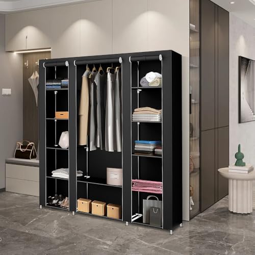 Supfine Armoire de Rangement avec Tringle à Vêtements et étagères, Penderie Tissu Armoire Chambre Portable pour Chambre D'adulte (Noir, A, 175x150x45 cm)
